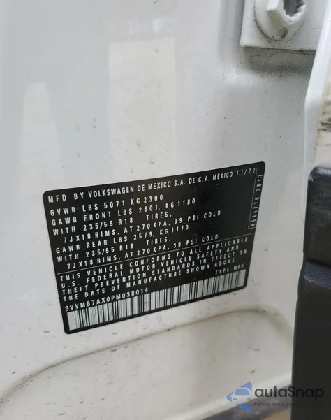 2023 Volkswagen Tiguan Se z USA, uszkodzony, nr VIN 3VVMB7AX0PM038014